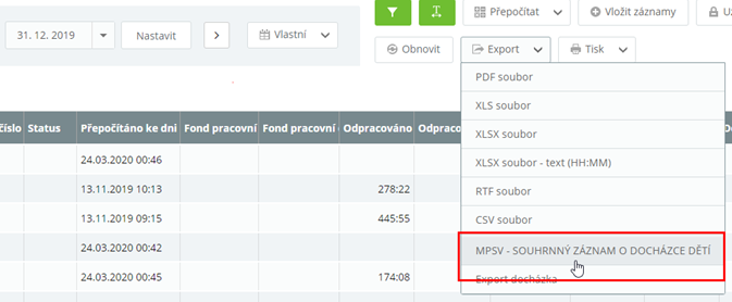 Obr. 23: Export dat